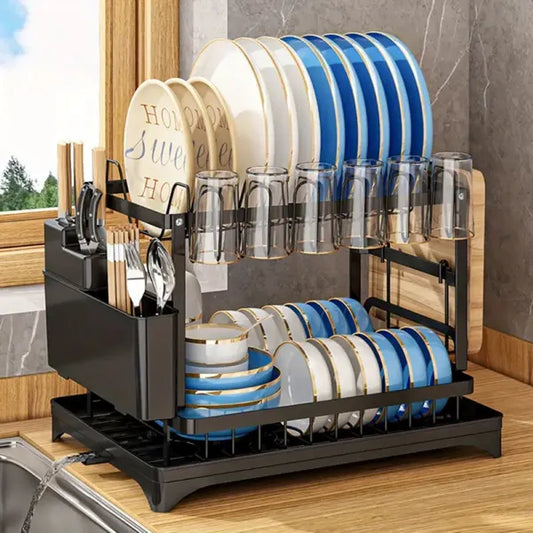 2-Tier Dish Rack with Drainboard & Utensil Holder